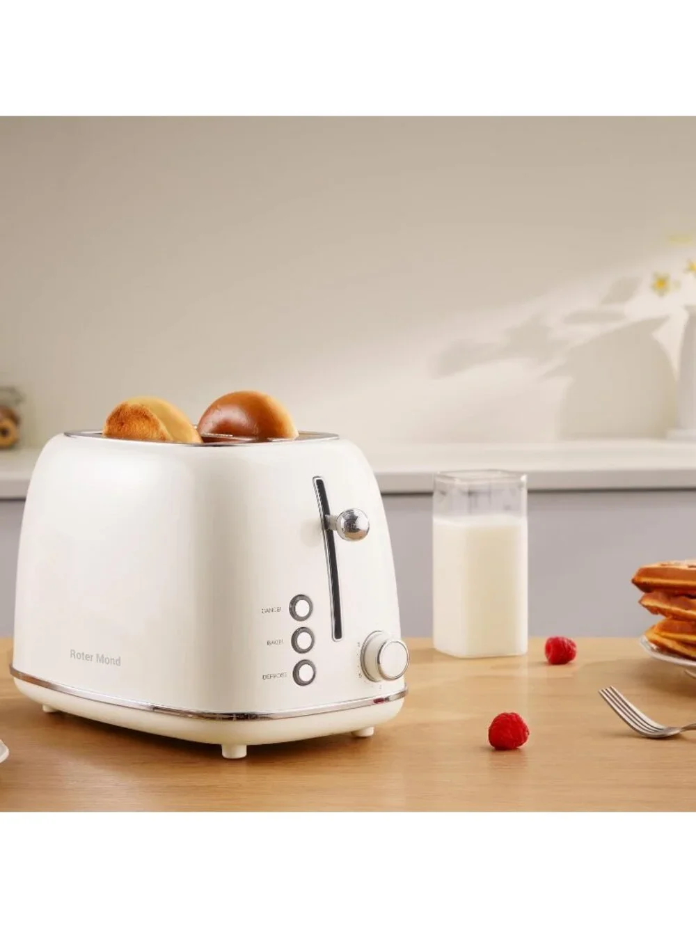 2 Slice Cream Retro Stainless Steel with Bagel Defrost Functions Tray Toaster